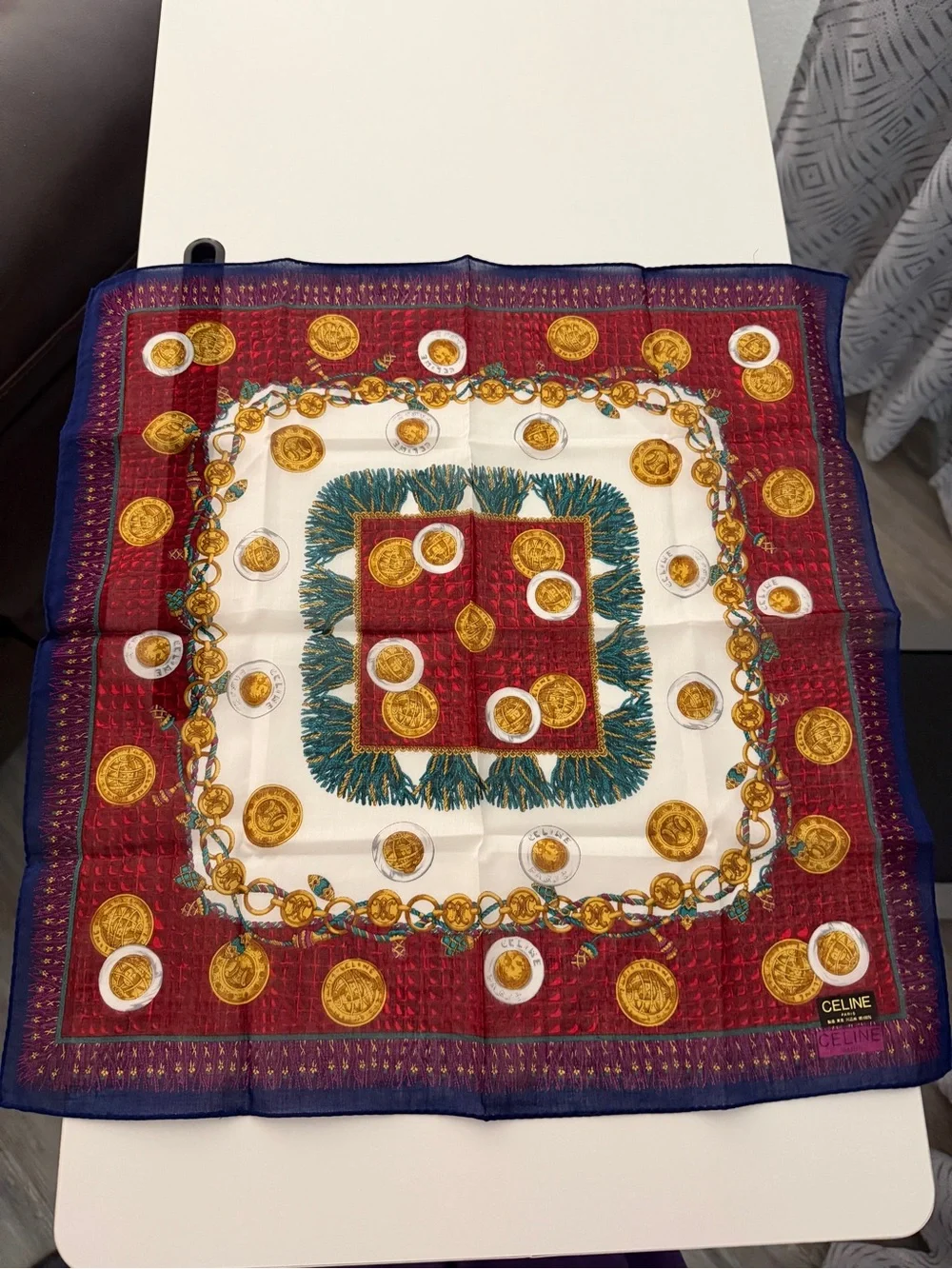 Vintage Celine Paris Cotton Scarf – Coin & Chain Medallion Print
